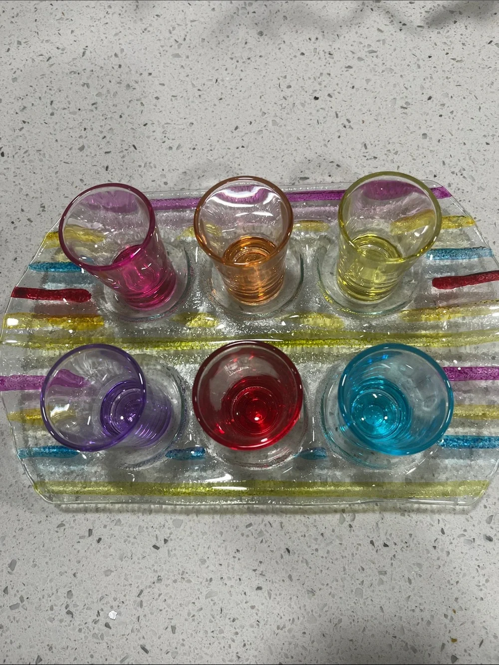 Fiesta Colorful Glass Shot Glass Set with Striped Serving Tray NIB 7 pc set